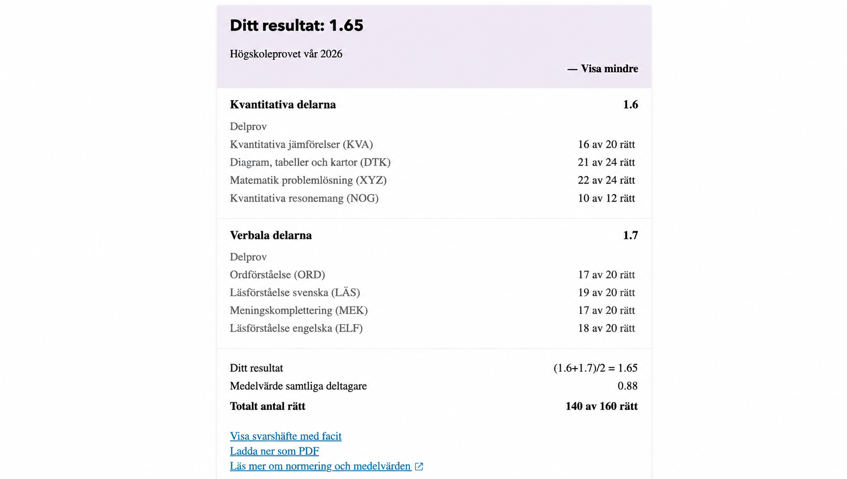 Skärmdump av elevens HP-resultat 1.65