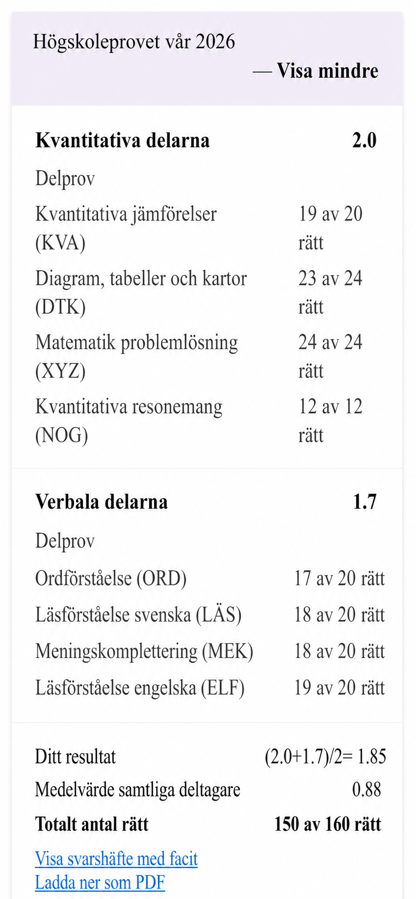 Skärmdump av elevens HP-resultat 1.85
